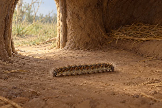 AI-generated ordinary hairy caterpillar at an animal dwelling doorway in Hollis’s Maa tale
