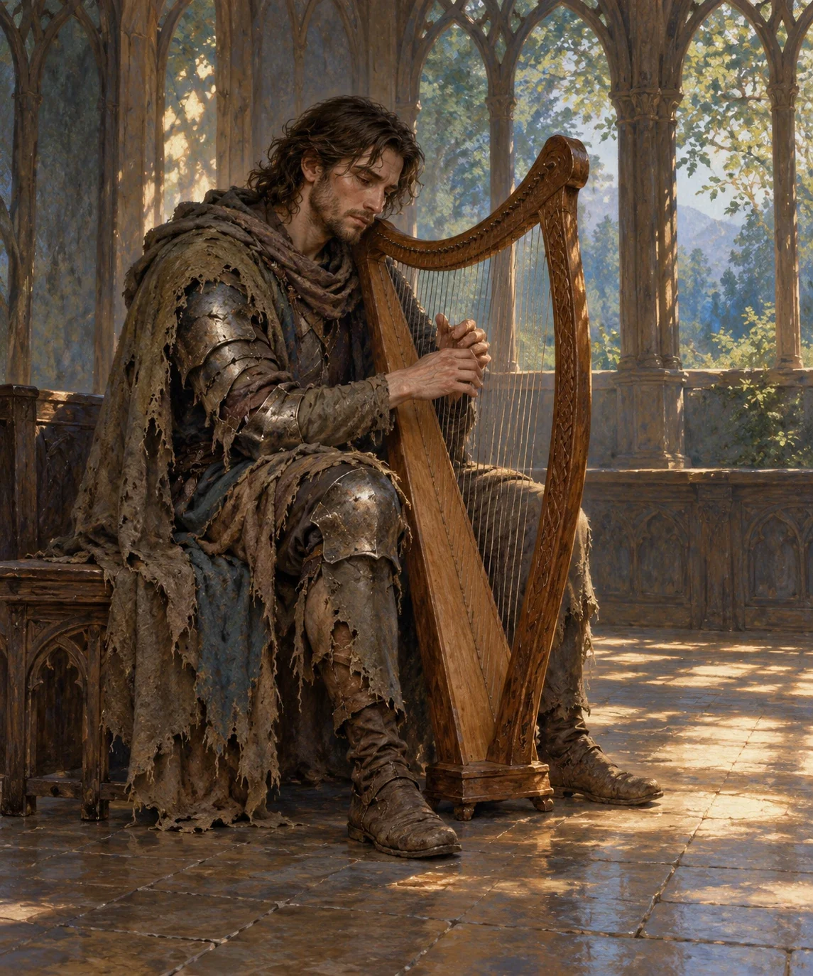 AI interpretation of the disguised Ackronnion playing a harp in dusty rags over damaged armour.