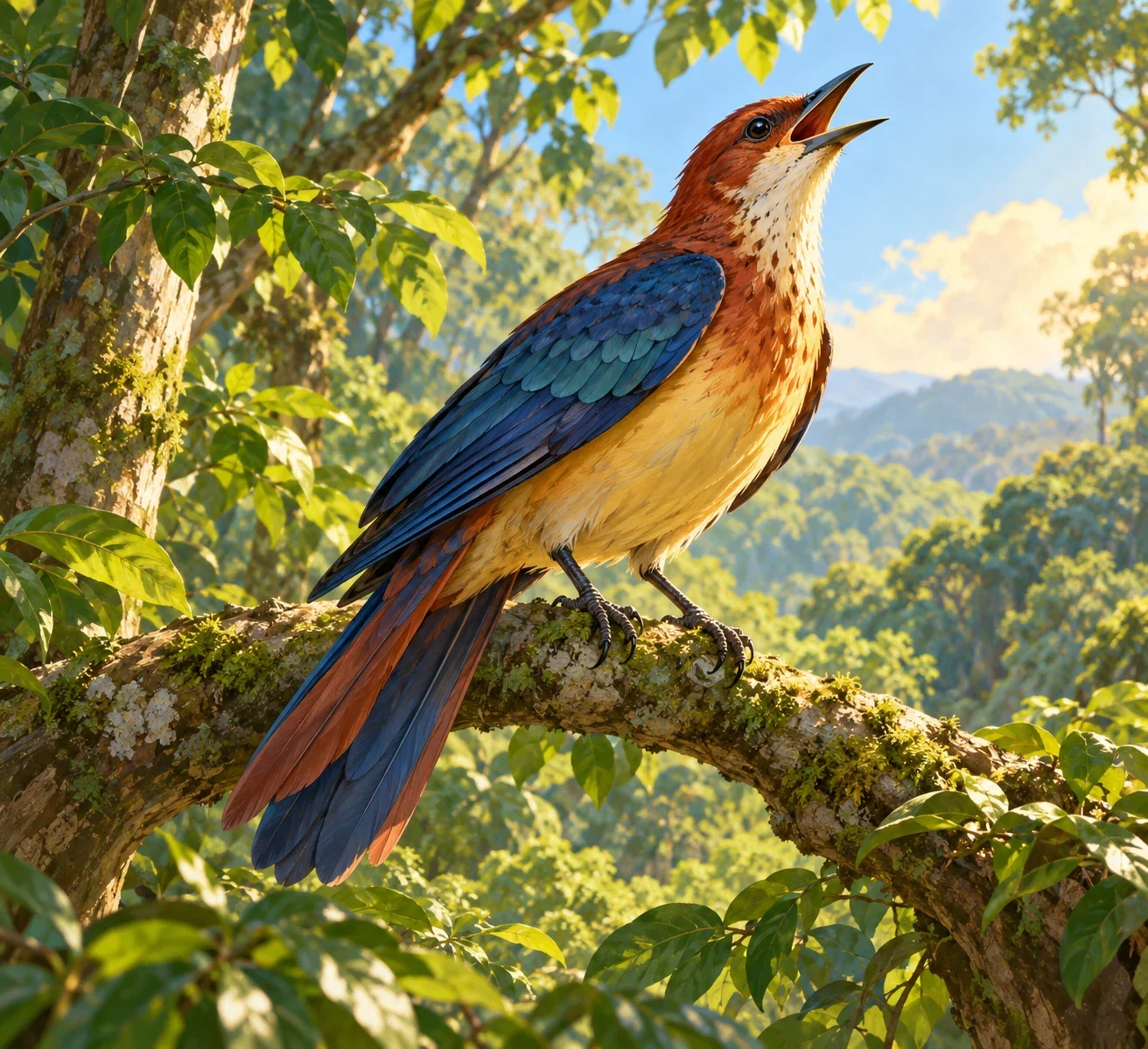 AI-generated interpretation of Little Garee as a large forest bird answering a song from its branch