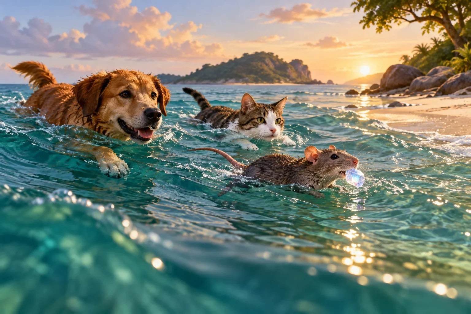 Three swimming animals with crystal