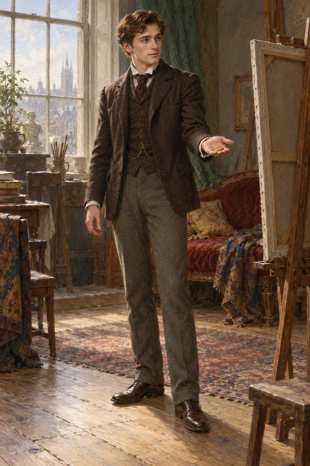 Original AI interpretation of Hughie Erskine contemplating a sovereign in an artist’s studio.