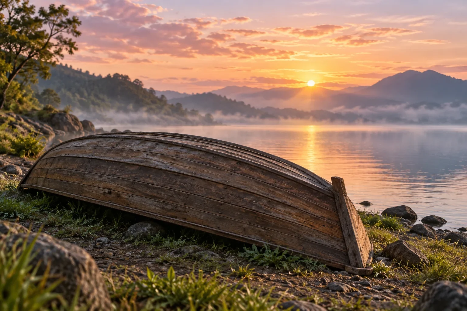 Imagined overturned boat beside lake