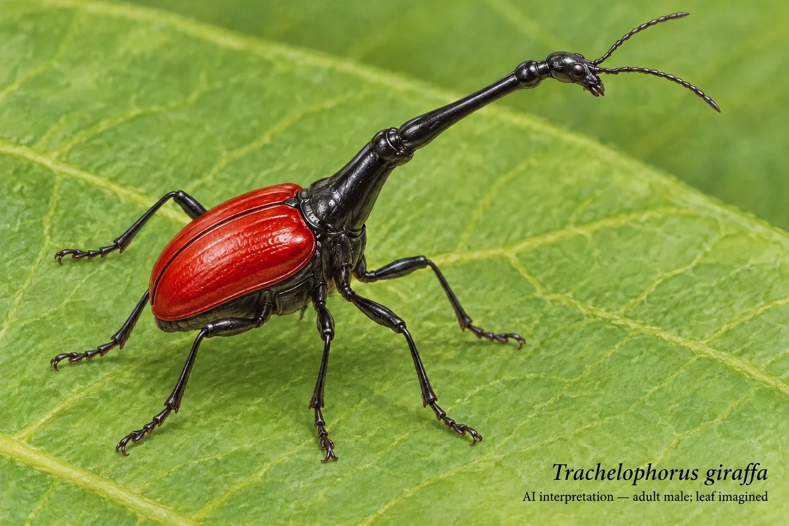 AI black long-necked male beetle with red wing covers.
