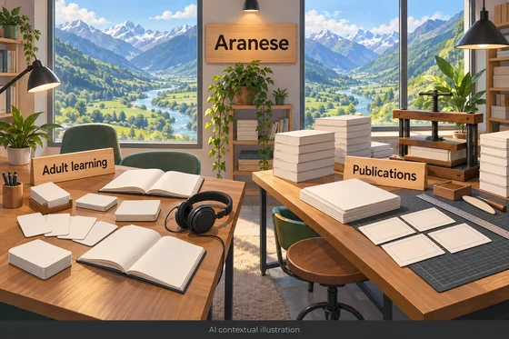 AI concept of Aranese adult learning and publishing beside an imagined Pyrenean river.