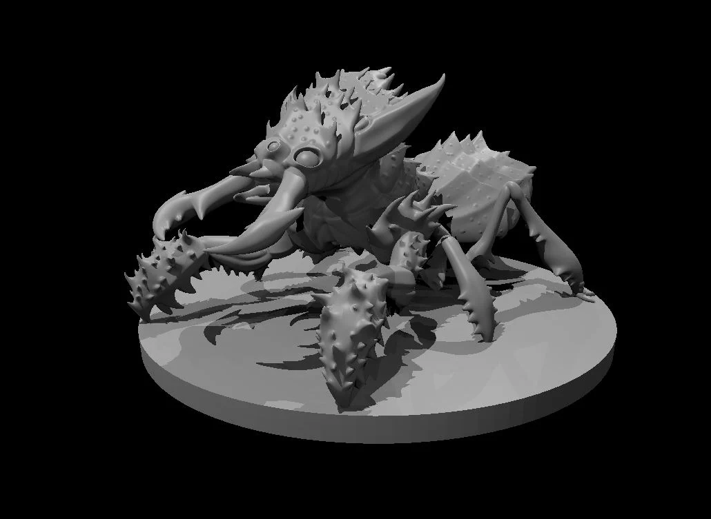 Grey spiny insectlike ankheg miniature with large curved mandibles, armoured back and jointed legs on an oval base against black.
