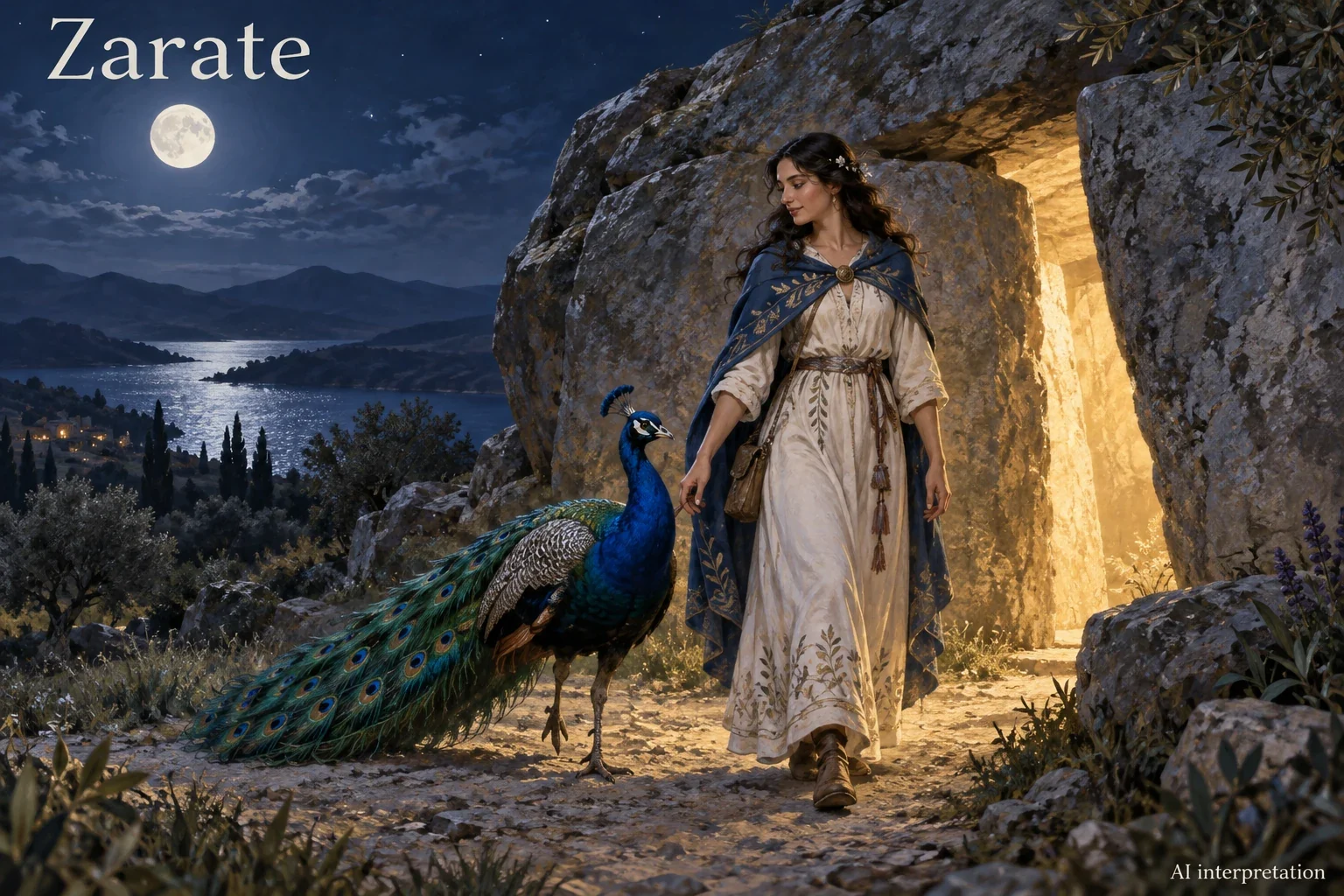 Imagined Zárate walks beside a peacock.