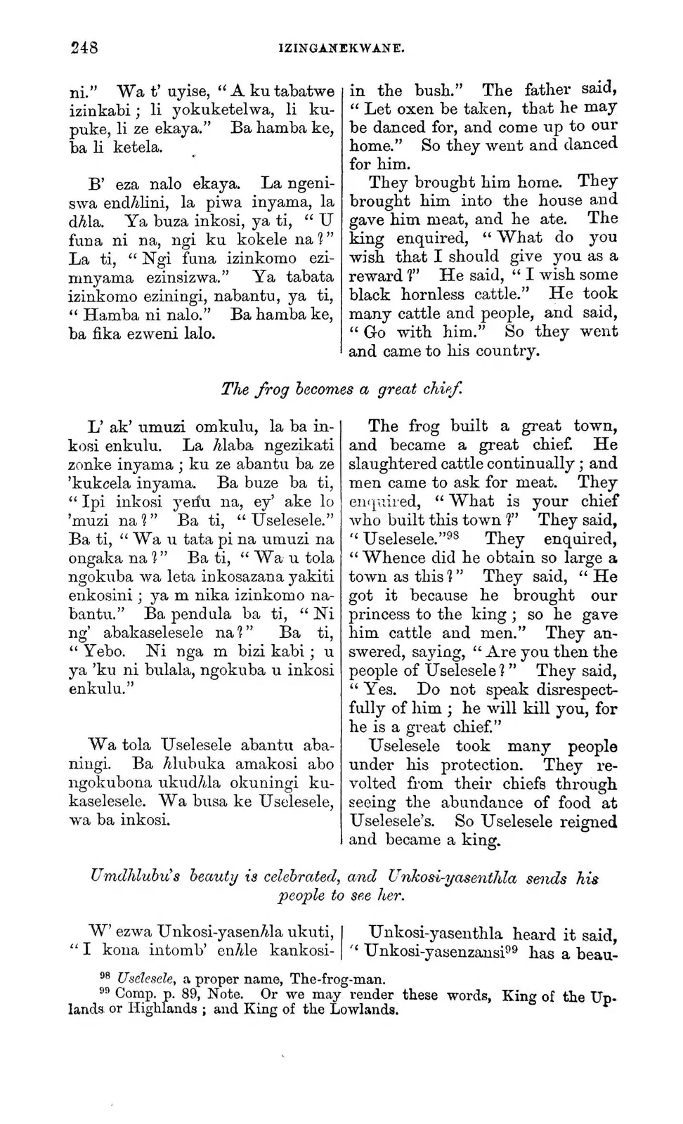 Uselesele, Umdhlubu’s Frog Rescuer: documentary text witness, Callaway 1868, printed page 248; documentary source-page facsimile