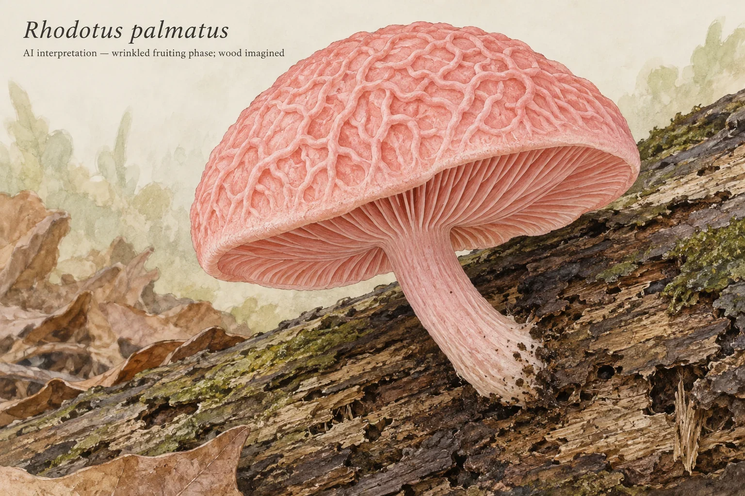 AI pink wrinkled cap and pink gills on wood.