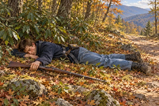 AI literary interpretation of Carter Druse asleep among laurels at his wooded outpost, with his complete rifle resting beside him.