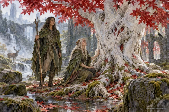 Two whole imagined adult forest people beside white-barked red-leafed weirwood. Novel association anchored; anatomy, attire, ruins and tree-face design invented, no literal human children or adaptation origin event.