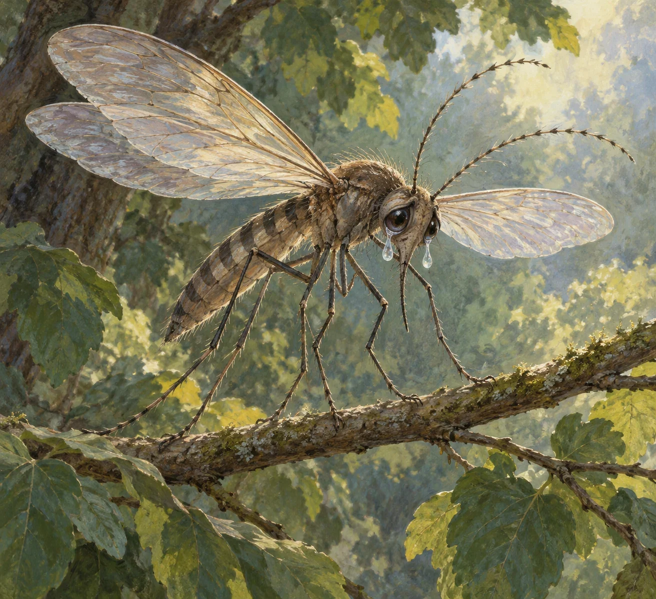 Unofficial AI interpretation of Carroll’s large speaking Gnat on a twig with two tears. Facial anatomy, four-wing arrangement, body markings, limbs, colours and woodland are imagined; this is a fantasy character, not a real-species anatomical record.