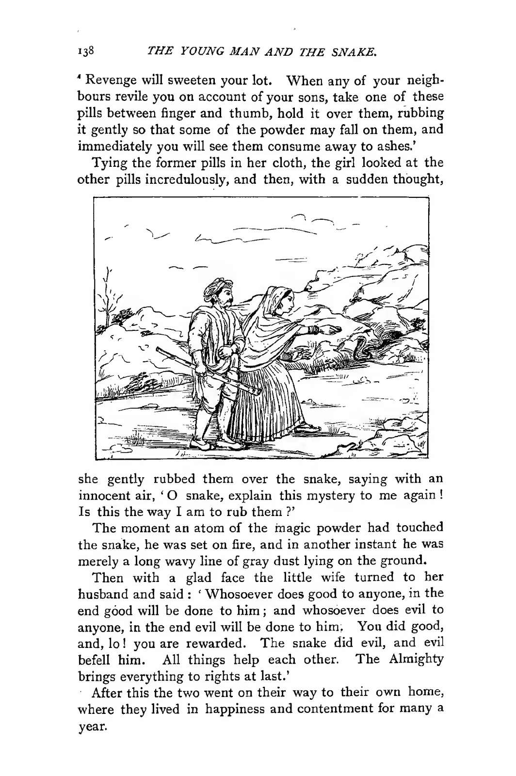 Original 1892 page illustrating the bride sprinkling the enormous serpent with its own destructive powder