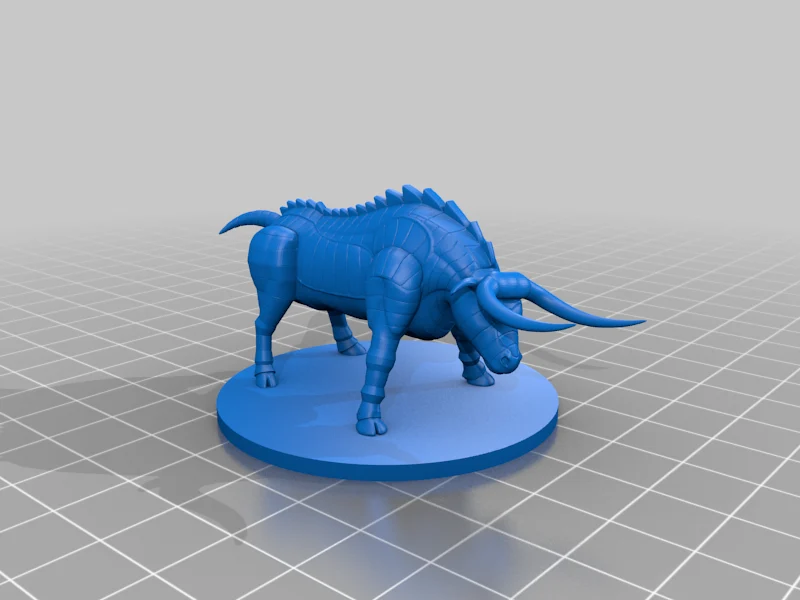 Blue armoured bull miniature with long curved horns, plated flanks and dorsal spines on a round base over a grey grid.