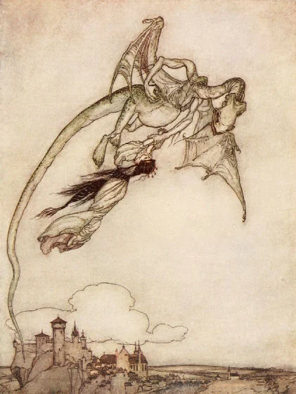 Dragon carries off the kings daughter, Four Clever Brothers, Rackham1909