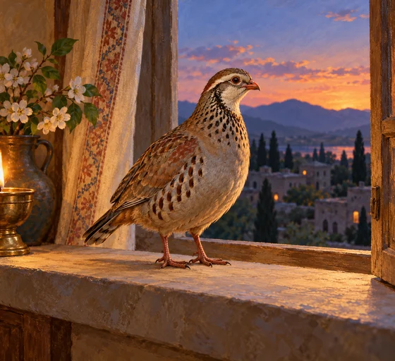 Complete partridge on an imagined windowsill before the trap.