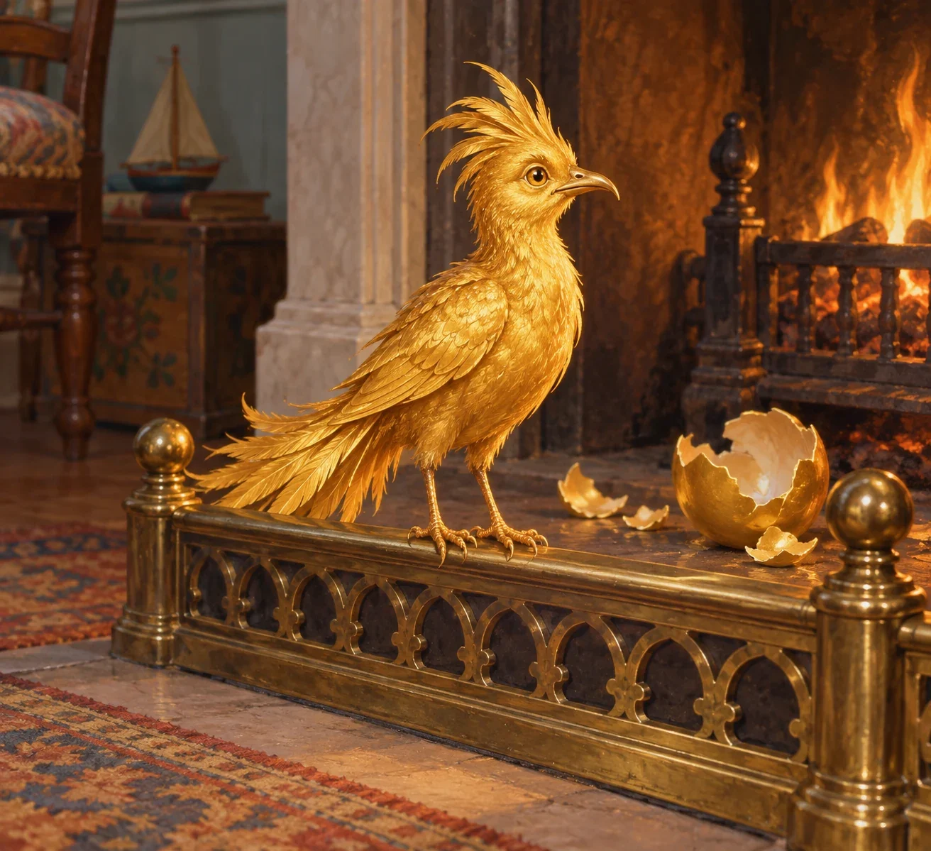 Unofficial AI interpretation of Nesbit’s small golden Phoenix on the nursery fender after hatching. Golden plumage and tail, small scale and the egg/fire relationship follow the novel; exact beak curve, crest, feather pattern and room are imagined. No general traditional phoenix anatomy is claimed.