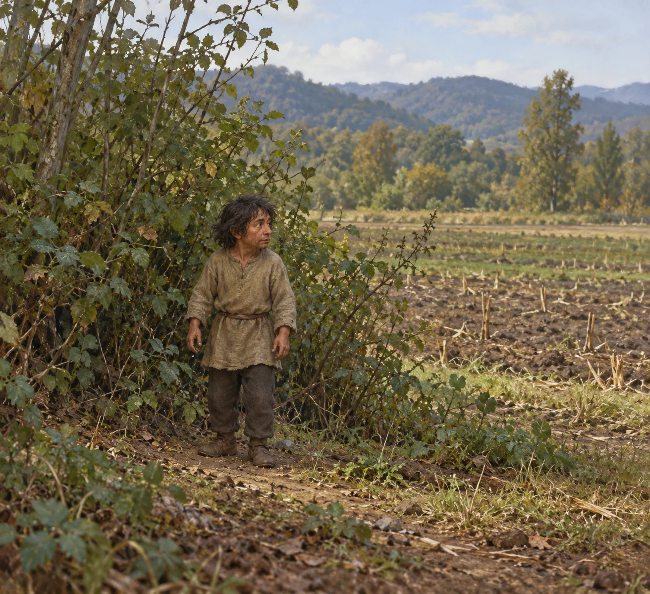 A complete very small human-like figure stands beside low field brush