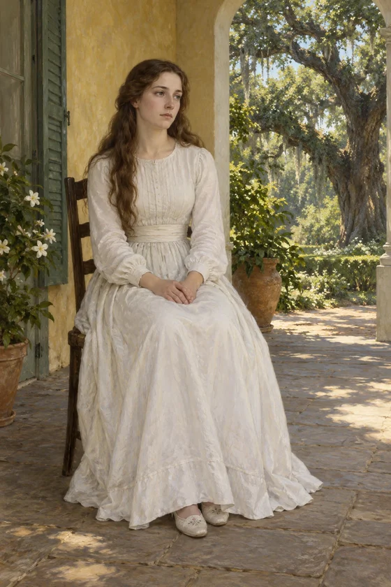 AI literary interpretation of adult Désirée Aubigny, with uncovered brown hair, a modest white dress and slippers in a shaded gallery.