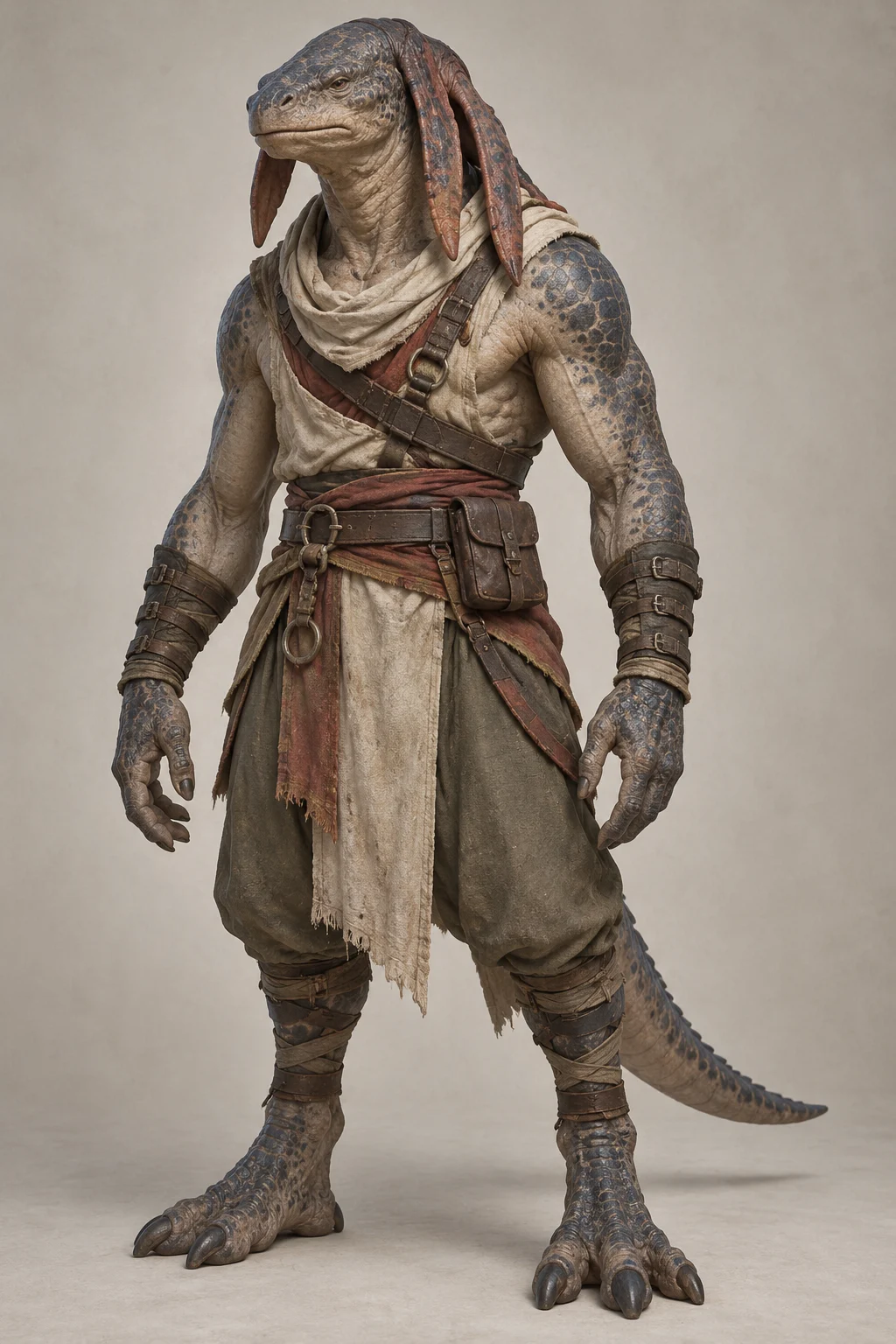Brawny reptilian person with hanging ears.