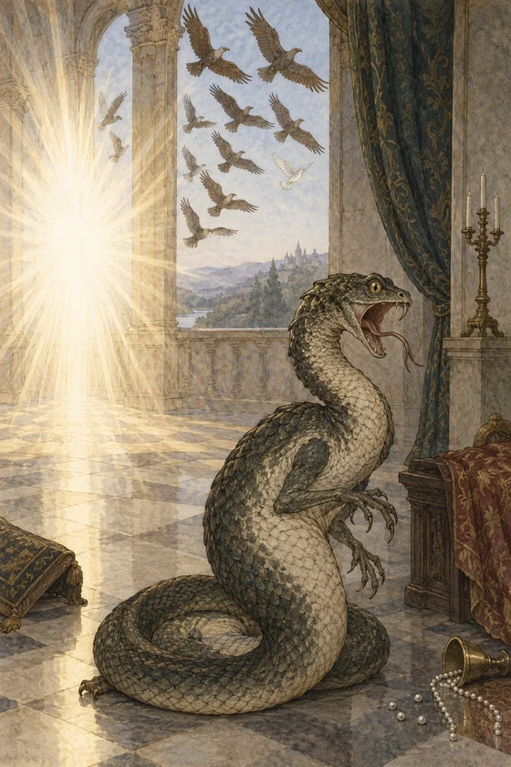 An imagined basilisk coils inside a chamber beneath a beam of light.