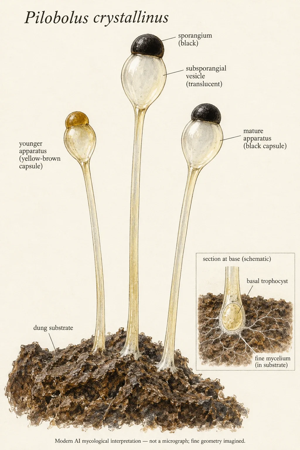 AI Pilobolus apparatus with vesicles and sporangia.