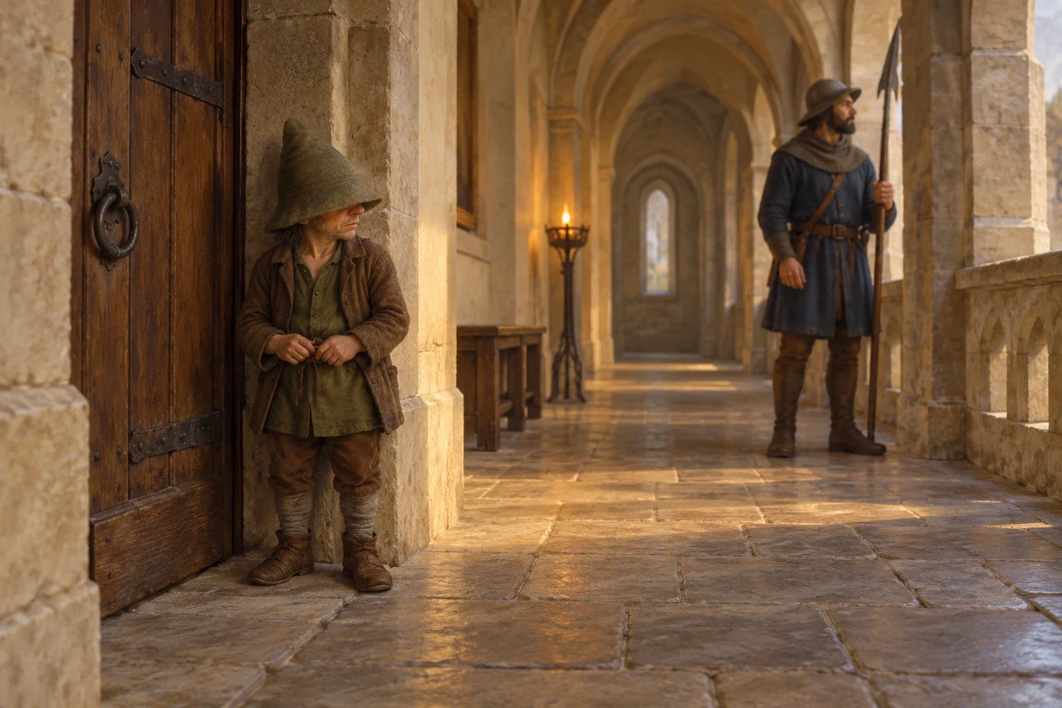 Imagined Hödeken in a low felt hat beside a palace doorway, with an awake watchman farther down the corridor