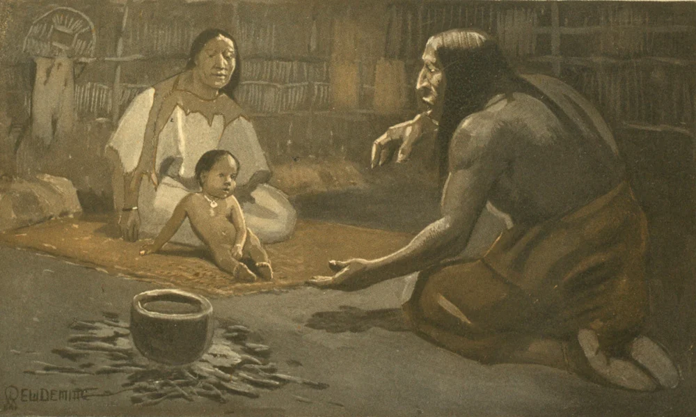 Edwin Willard Deming’s illustration of Kulóskap kneeling and reaching toward a seated baby, with a woman behind the child and a pot over a small fire.