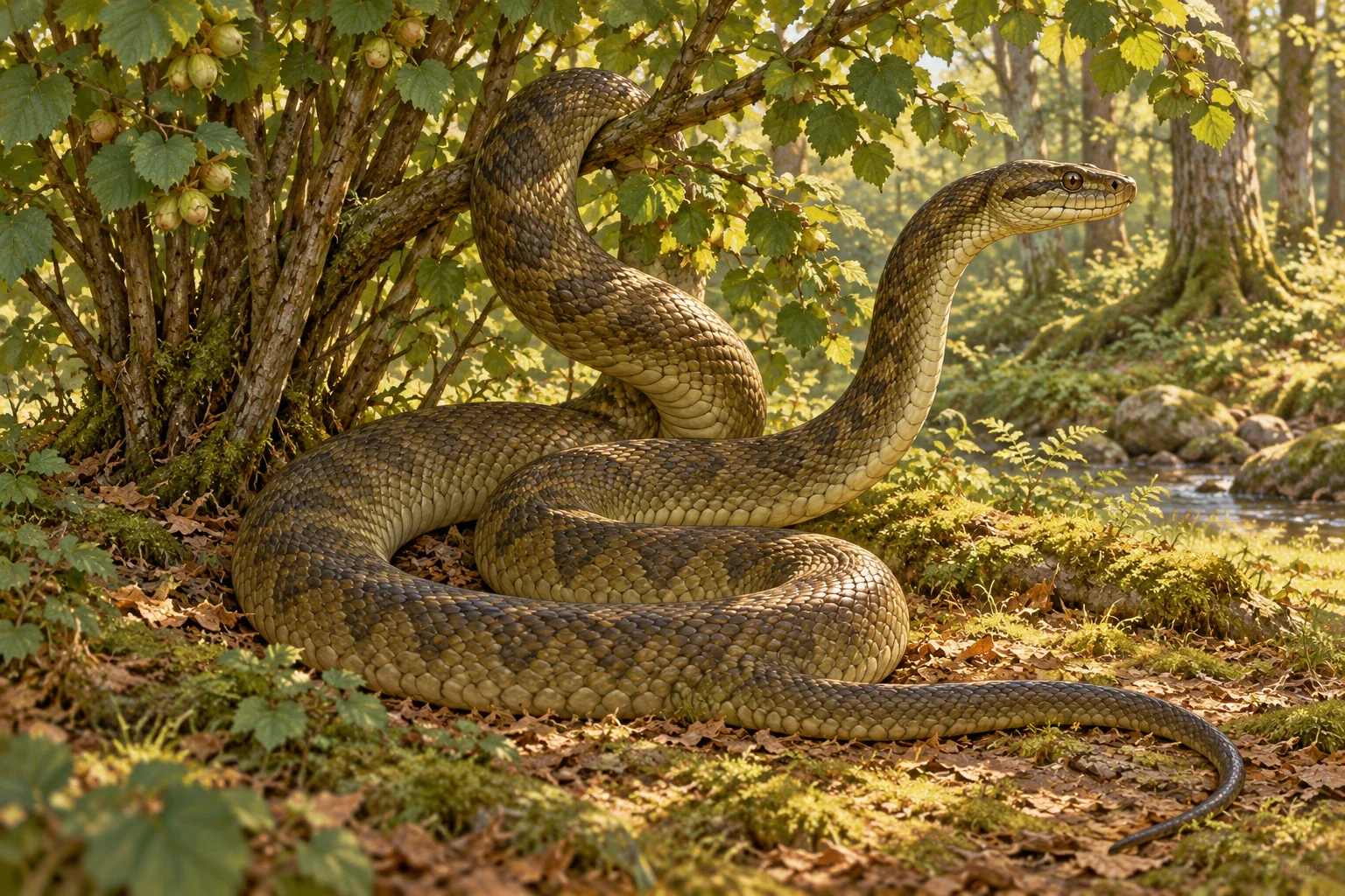 The serpent-wife beneath the hazel bush; snake appearance and woodland setting interpreted from Bain’s translated tale.