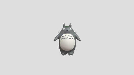 mich95’s Totoro fan model rendered front-on against pale grey, with pointed ears, whiskers, a green leaf on its head and dark arch markings across a pale rounded belly.