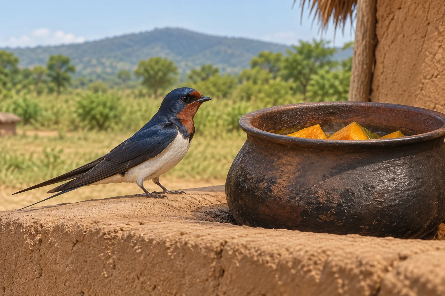 Complete imagined swallow perched beside a contextual cooking pot containing pumpkin.