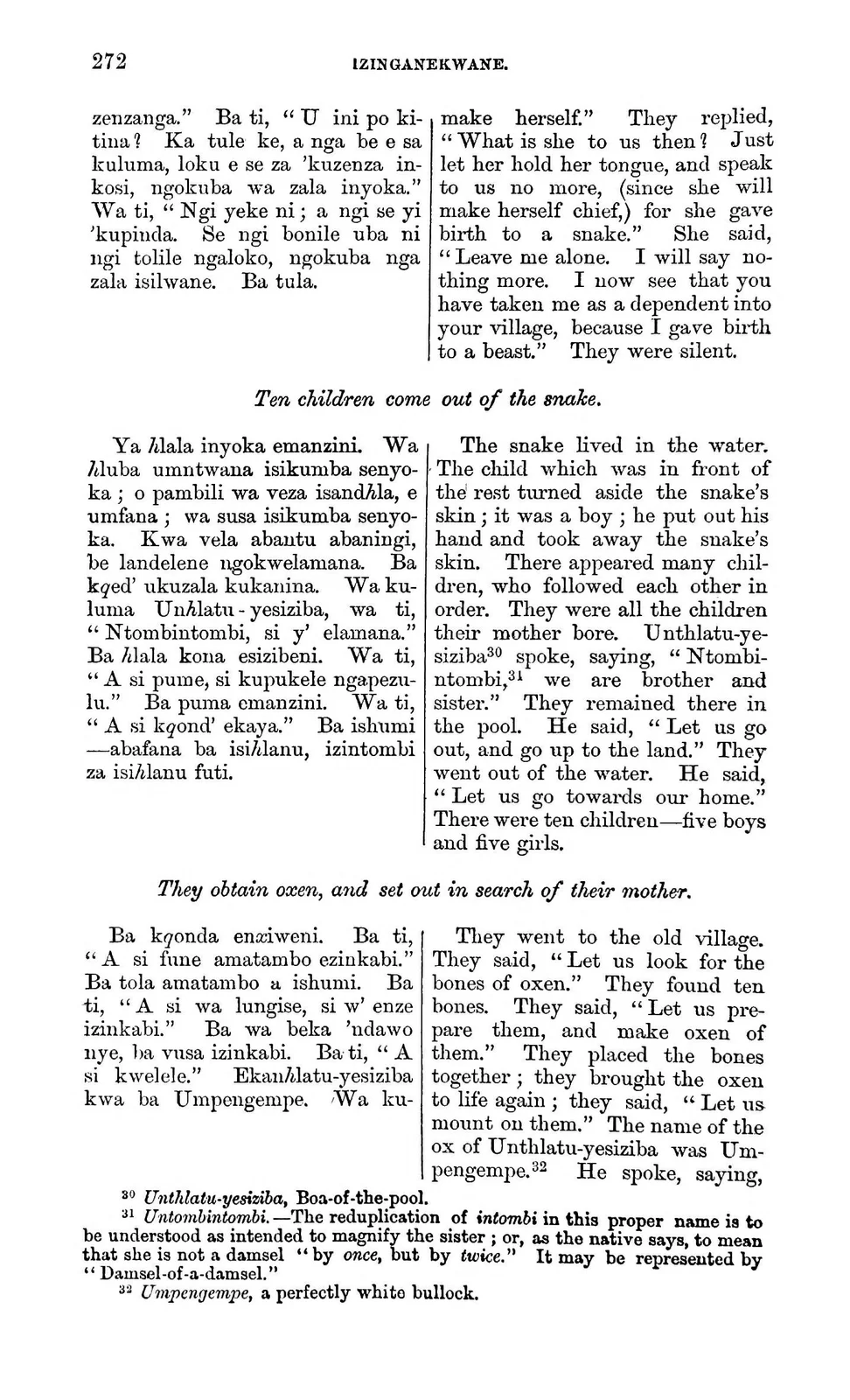 Ten Children of the Snake in Callaway’s Tale: documentary text witness, Callaway 1868, printed page 272; documentary source-page facsimile
