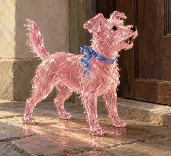 A pink spun-glass dog with black glass eyes and a blue glass neck ribbon