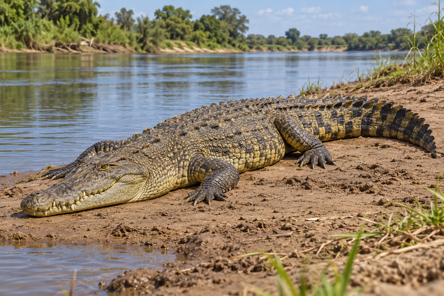 A complete crocodile on an imagined river bank.