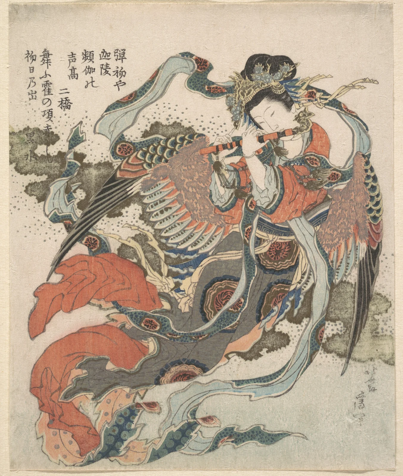 Hokusai’s human-headed Karyōbinga with feathered wings playing a flute, 1820–33
