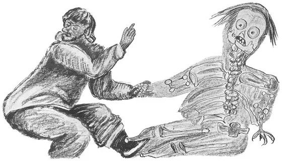 A maker beside a composite skeletal tupilak in the 1921 Greenlandic illustration