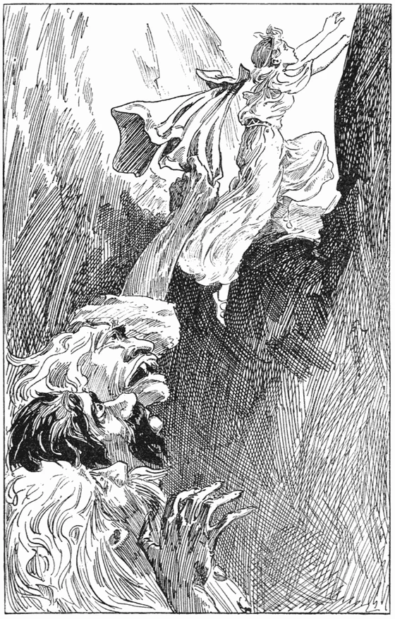 A three-headed giant looks up from the grave while Hadvör climbs out above him; he holds the cloak slipping from her shoulders.