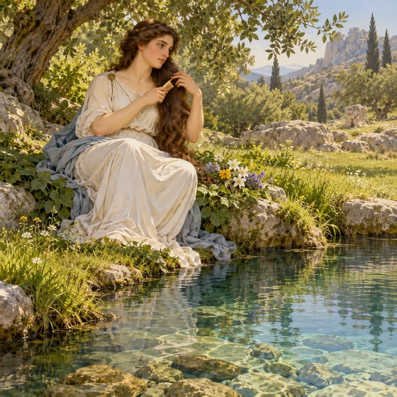 An adult freshwater nymph combs her hair beside a clear grassy spring, with gathered flowers nearby.