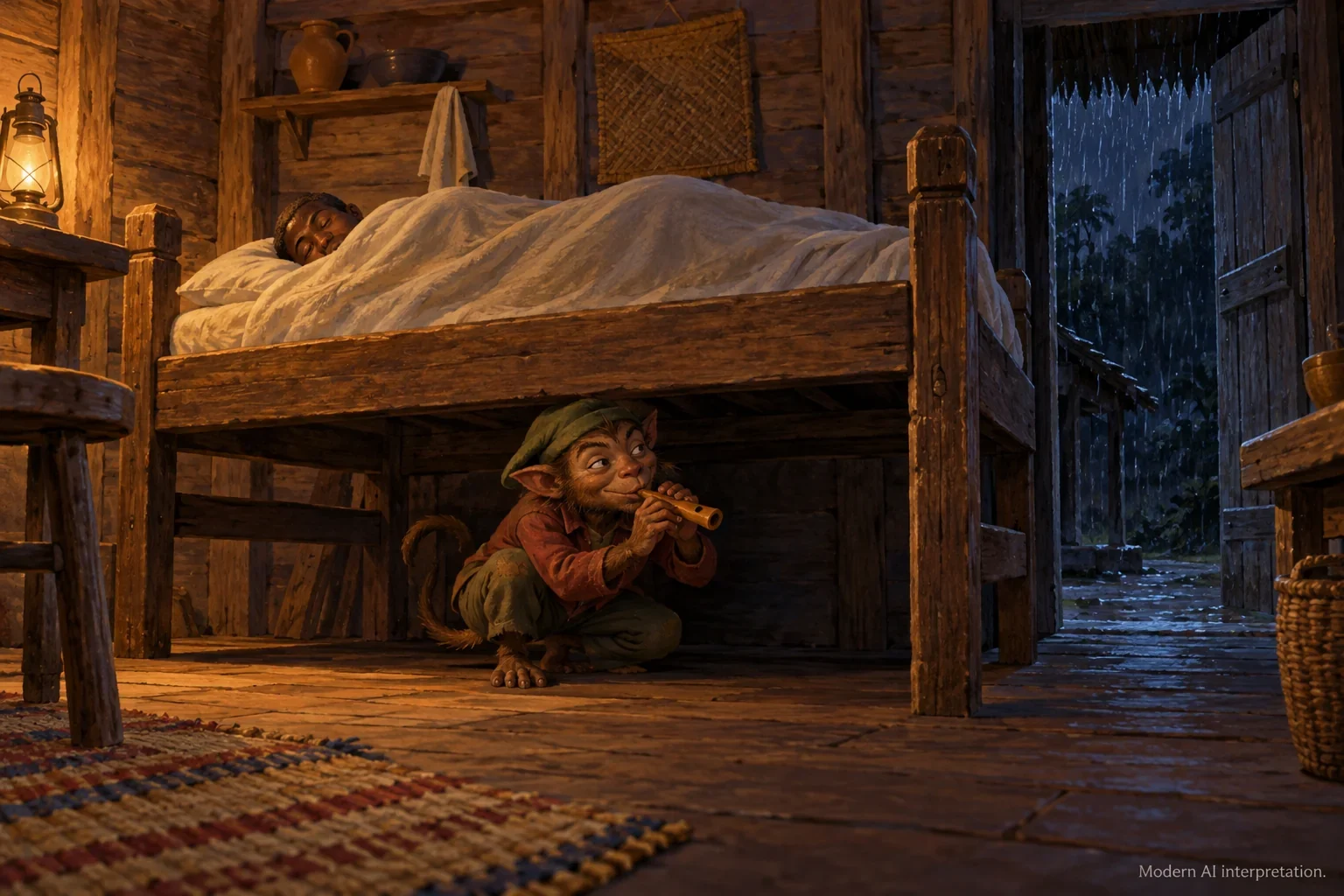 AI imagined Ti Malice hiding with a wooden whistle.