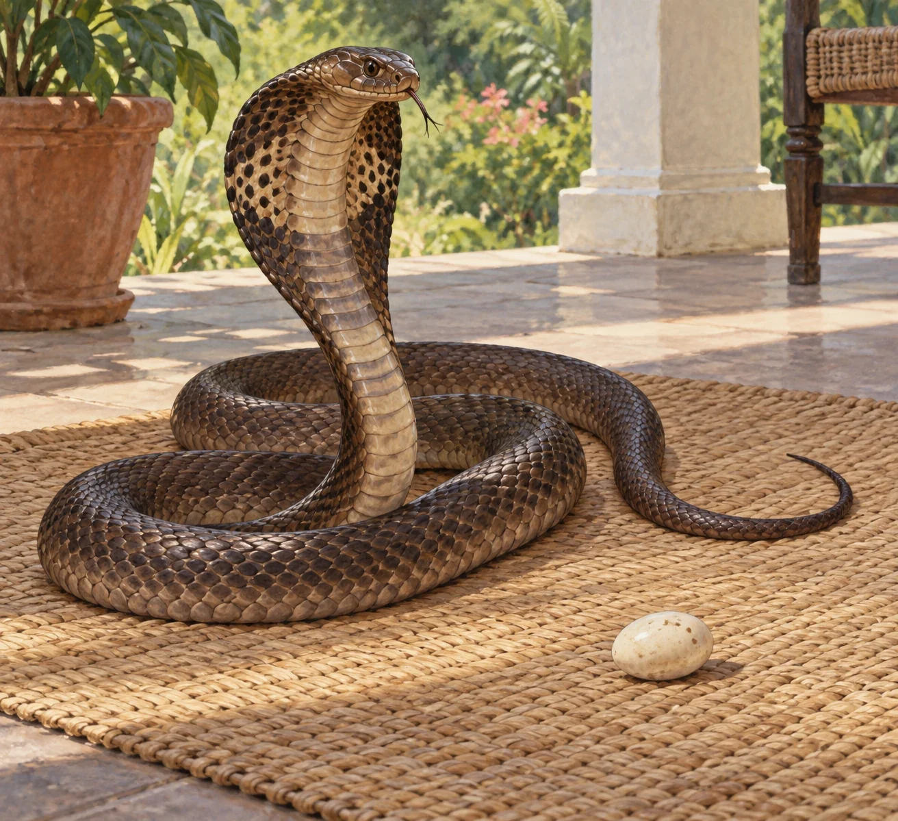 Unofficial AI interpretation of Nagaina beside the last egg on a veranda, evoking the original story’s confrontation. Cobra form and object relationship follow the text; exact colour, hood pattern, pose and setting details are imagined, not a real species identification.