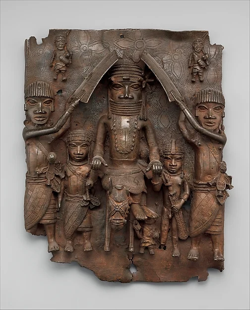 Brass plaque with an equestrian ọ́bà and attendants, attributed to Ìgùn Ẹ́rọ̀nwwọ̀n casting-guild artists at the Court of Benin, circa 1540–1570, Met 1978.412.309