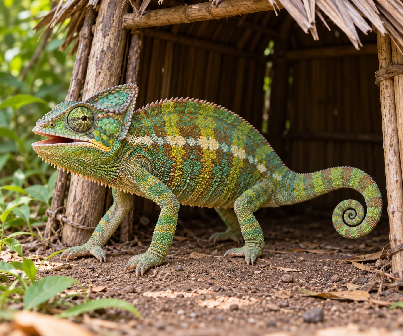 A complete chameleon at an imagined shelter entrance.