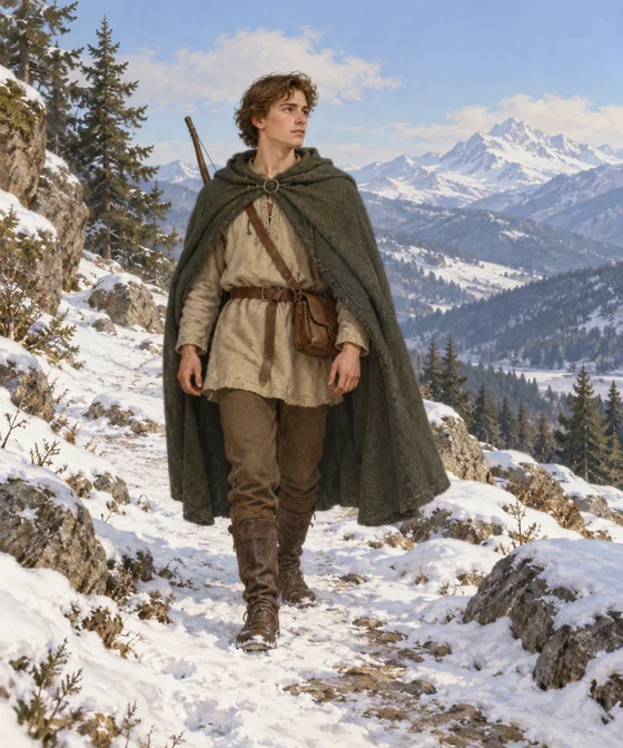 A complete young prince stands on a snowy mountain path