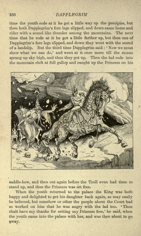 Dapplegrim carries the rescued princess and her rescuer out of the troll’s mountain, H. J. Ford, 1890