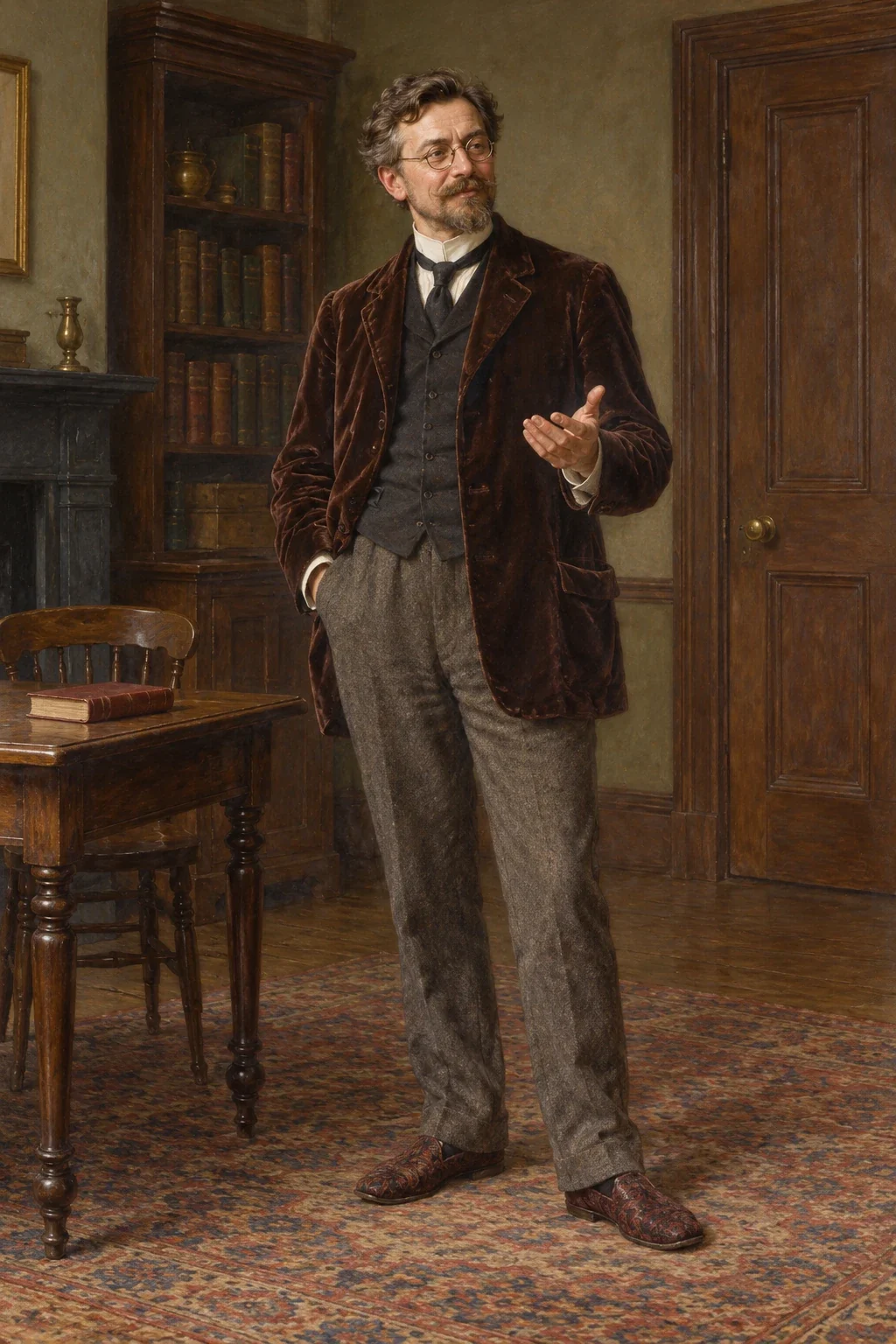 AI interpretation of Wells’s spectacled Bacteriologist in a velveteen coat and carpet slippers.