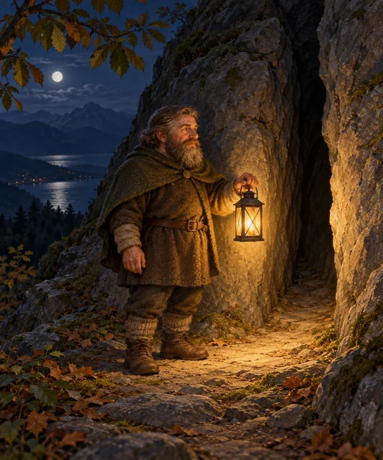 A dwarf guide holds a lantern beside a wooded rock cleft at night.