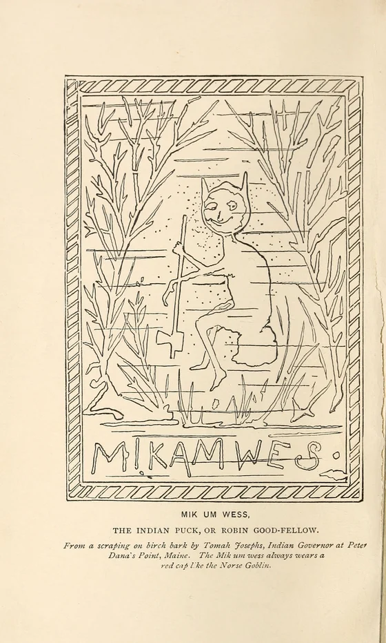 Mikamwes seated among trees, Tomah Joseph birchbark design reproduced in Leland 1884