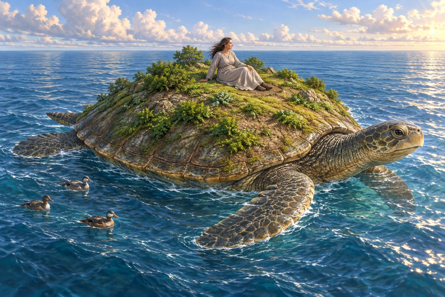 An imagined giant turtle bears an emerging island surface and a clothed adult woman amid water, with ducks nearby.