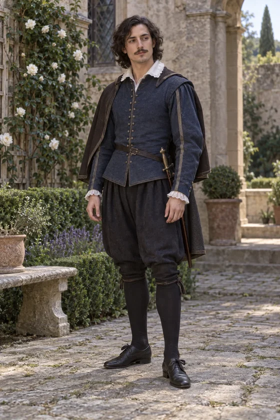 Imagined Aramis in a quiet full-body first-novel portrait.