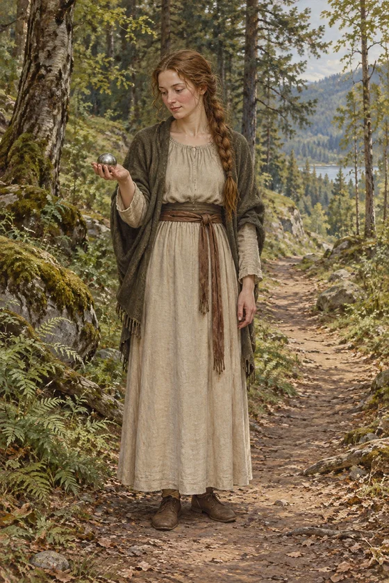 AI-generated grown Ingebjorg holding the little silver ball beside a woodland path in Hall’s tale