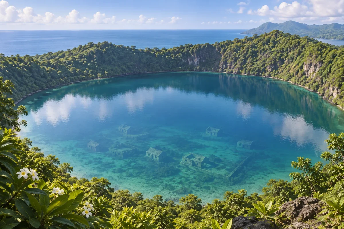 AI metaphor for the submerged-village legend. Setting imagined.